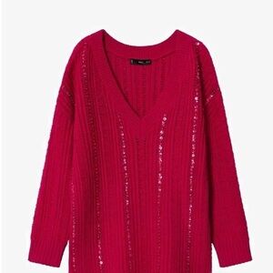 MANGO | Fuchsia Sequin V Neck Oversized Knit Sweater XS Statement Barbiecore